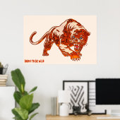 tijger in Oranje vlammen met blauwe ogen Poster (Thuiskantoor)