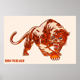 tijger in Oranje vlammen met blauwe ogen Poster