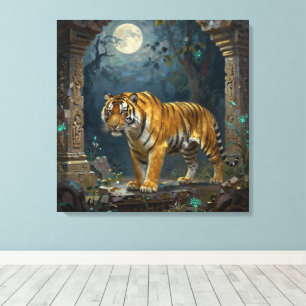 Tijger in oude duinen onder de volle maan canvas afdruk