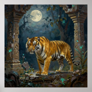 Tijger in oude duinen onder de volle maan poster