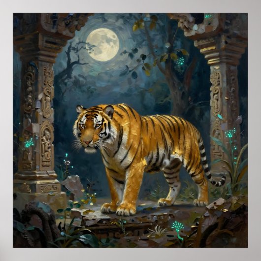 Tijger in oude duinen onder de volle maan poster (Voorkant)