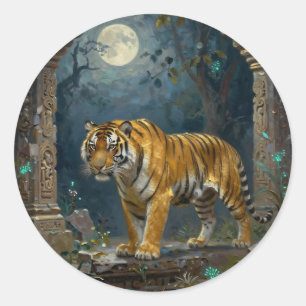 Tijger in oude duinen onder de volle maan ronde sticker