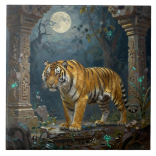 Tijger in oude duinen onder de volle maan tegeltje