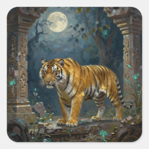 Tijger in oude duinen onder de volle maan vierkante sticker