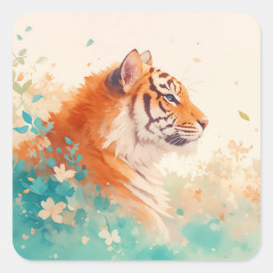 Tijger in weelderige pastel botanische bloementuin vierkante sticker