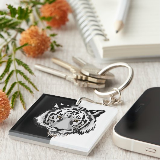 Tijger in zwart-wit sleutelhanger (Voorkant Rechts)