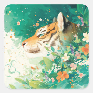 Tijger kijkt door botanische tuin heen vierkante sticker