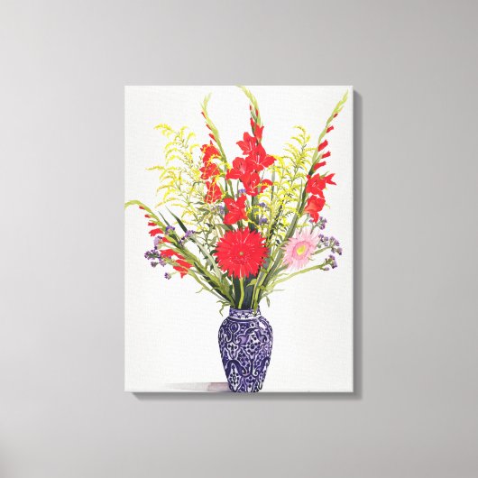 Tijger Lilies Gladioli en Scabious in een blauw Canvas Afdruk (Voorkant)