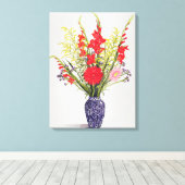 Tijger Lilies Gladioli en Scabious in een blauw Canvas Afdruk (Insitu (Houten vloer))