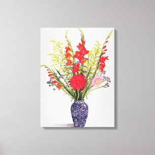 Tijger Lilies Gladioli en Scabious in een blauw Canvas Afdruk
