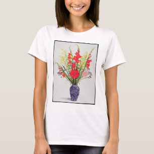 Tijger Lilies Gladioli en Scabious in een blauw T-shirt