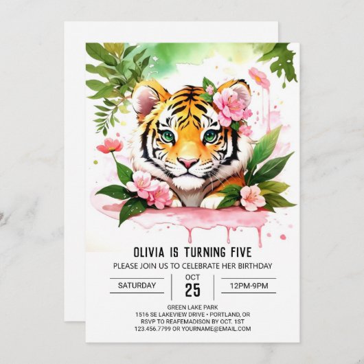 Tijger meisje verjaardag uitnodiging (Voorkant / Achterkant)