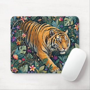 Tijger met Amber Ogen Fantasie Jungle Gebladerte Muismat