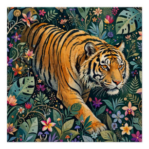 Tijger met Amber Ogen Fantasie Jungle Gebladerte Perfect Poster