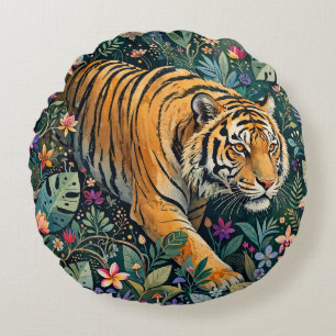 Tijger met Amber Ogen Fantasie Jungle Gebladerte Rond Kussen