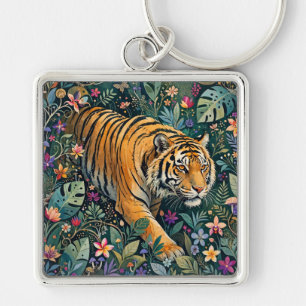 Tijger met Amber Ogen Fantasie Jungle Gebladerte Sleutelhanger