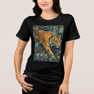 Tijger met Amber Ogen Fantasie Jungle Gebladerte Tri-Blend Shirt