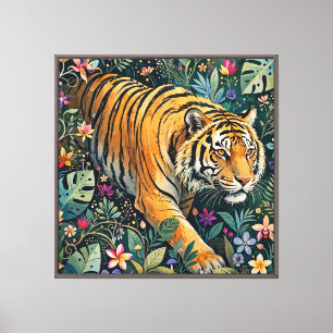 Tijger met Amber Ogen Fantasie Jungle Loof Canvas Afdruk