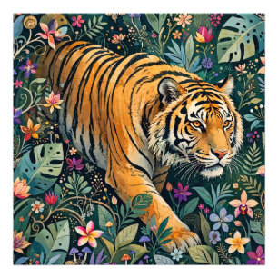 Tijger met Amber Ogen Fantasie Jungle Loof Foto Afdruk