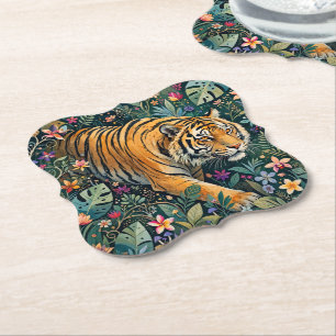 Tijger met Amber Ogen Fantasie Jungle Loof Kartonnen Onderzetters