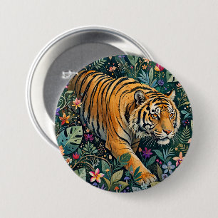 Tijger met Amber Ogen Fantasie Jungle Loof Ronde Button 7,6 Cm