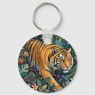Tijger met Amber Ogen Fantasie Jungle Loof Sleutelhanger