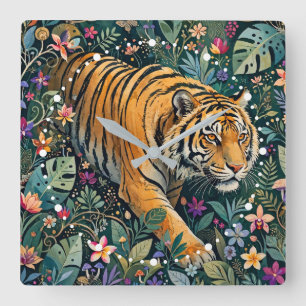 Tijger met Amber Ogen Fantasie Jungle Loof Vierkante Klok