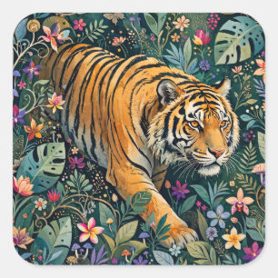 Tijger met Amber Ogen Fantasie Jungle Loof Vierkante Sticker