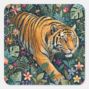 Tijger met Amber Ogen Fantasie Jungle Loof Vierkante Sticker