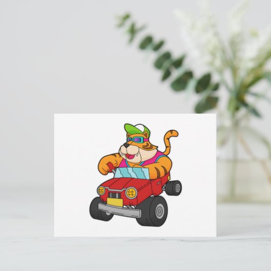 Tijger met auto briefkaart (Staand voorkant)