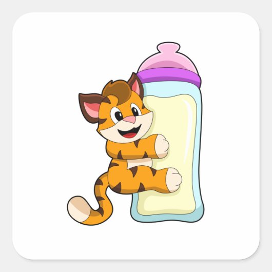 Tijger met Baby melkfles Vierkante Sticker (Voorkant)