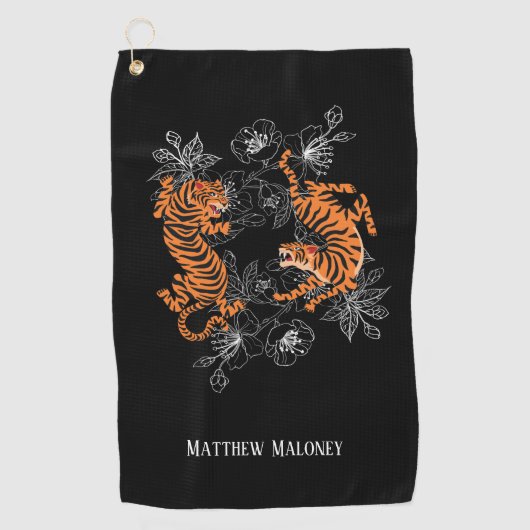 tijger met Cherry Blossom Golf Jouw naam Golfhanddoek (Voorkant)