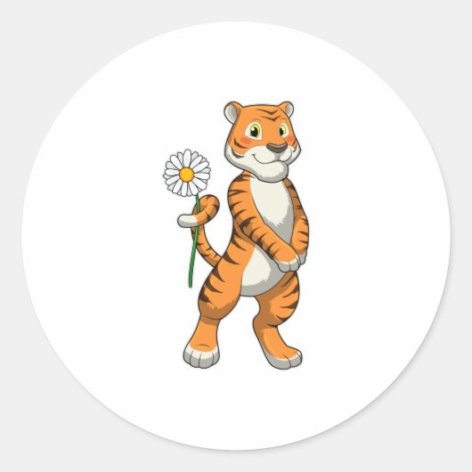 Tijger met Daisy Flower Ronde Sticker (Voorkant)