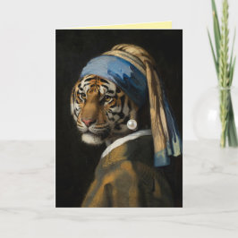 Tijger met een Parel Oorbel Wenskaart Feestdagen Kaart