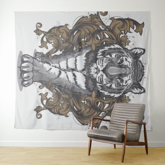 Tijger met Floral Art Deco Extra Large Tapestry Wandkleed (In Situ (horizontaal))