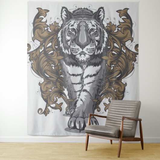 Tijger met Floral Art Deco Extra Large Tapestry Wandkleed (In situ)