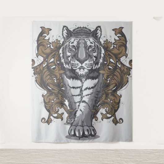 Tijger met Floral Art Deco Extra Large Tapestry Wandkleed (Voorkant)
