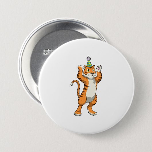 Tijger met partij pet ronde button 7,6 cm (Voorkant /achterkant)