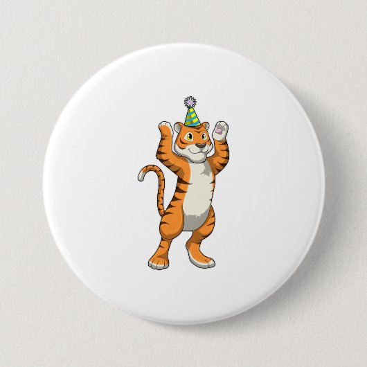 Tijger met partij pet ronde button 7,6 cm (Voorkant)