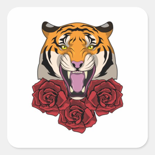 Tijger met Roos Vierkante Sticker (Voorkant)