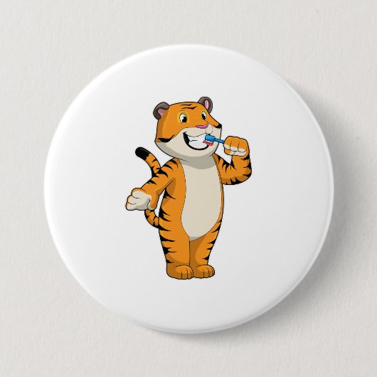 Tijger met tandenborstel ronde button 7,6 cm (Voorkant)