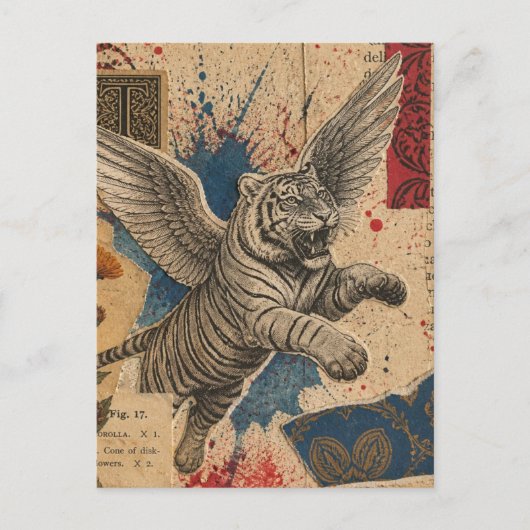 Tijger met vleugels mixed media collage briefkaart (Voorkant)