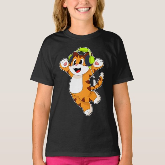 Tijger Muzikant Hoofdtelefoon Muziek T-shirt (Voorkant)