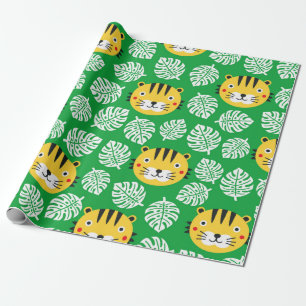 Tijger naadloos patroon met tropische bladeren. Ki Cadeaupapier