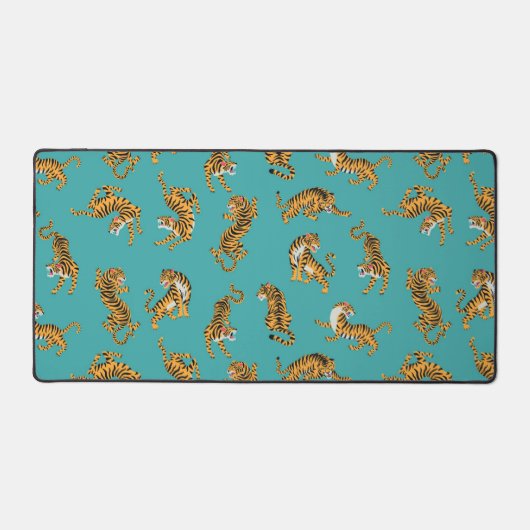 Tijger op Blauwgroen Patroon Bureaumat (Voorkant)
