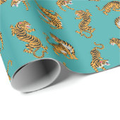 Tijger op Blauwgroen Patroon Cadeaupapier (Rol Hoek)