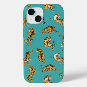 Tijger op Blauwgroen Patroon iPhone 15 Case
