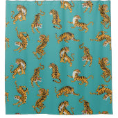 Tijger op Blauwgroen Patroon Douchegordijn (Voorkant)