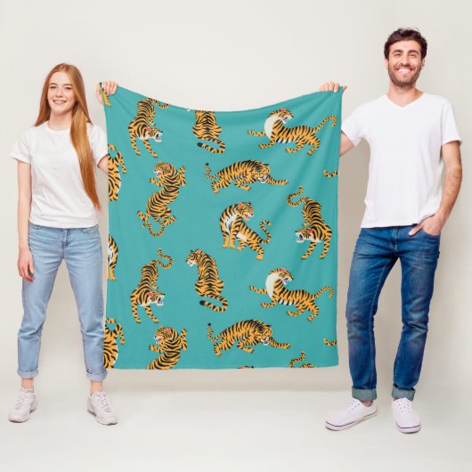 Tijger op Blauwgroen Patroon Fleece Deken (In situ)