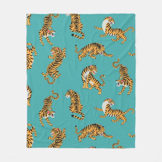 Tijger op Blauwgroen Patroon Fleece Deken (Voorkant)